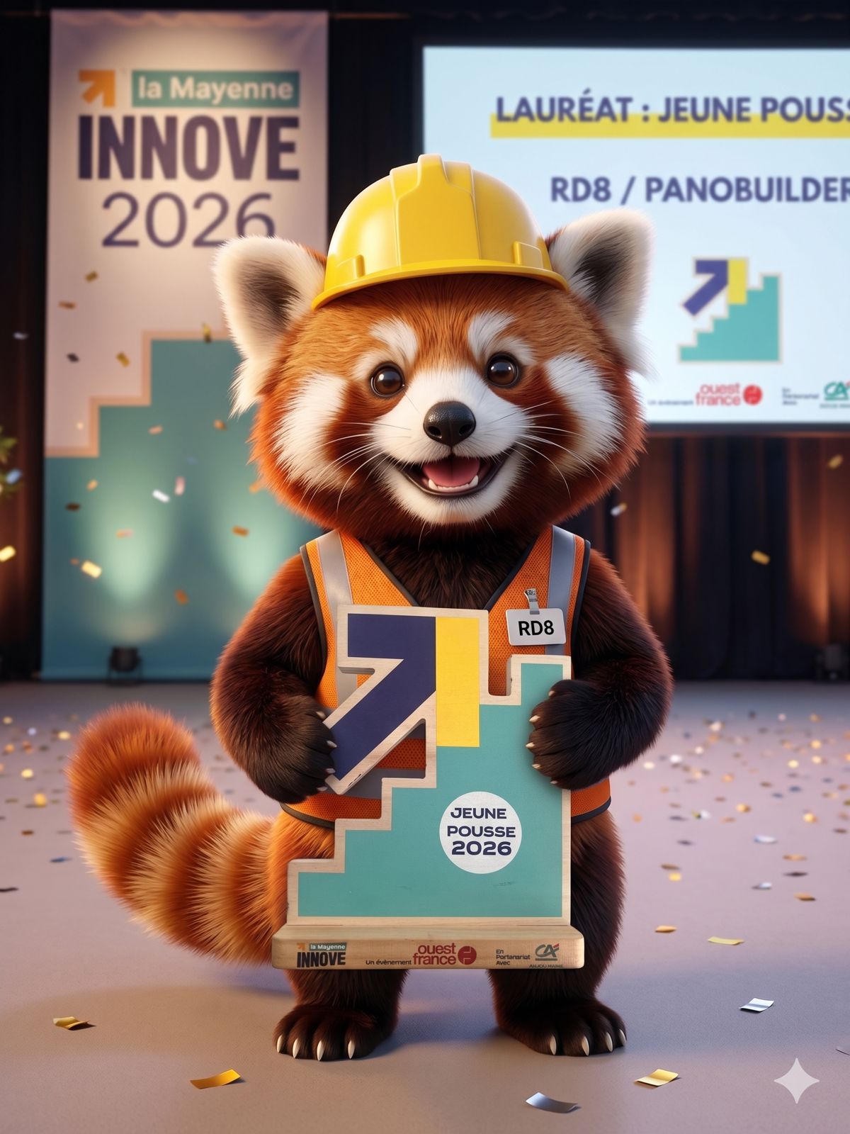 Mascotte PanoBuilder avec le troph&eacute;e Jeune Pousse 2026
