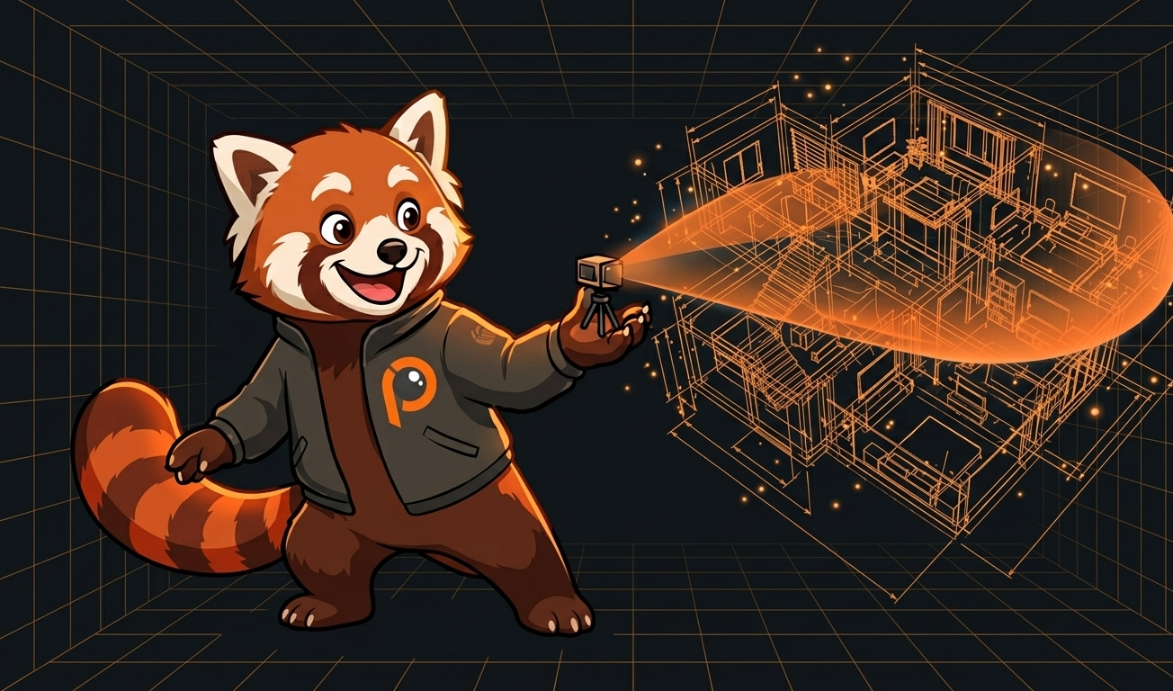 PandaBuilder, la mascotte panda roux, relève un espace avec une caméra 360 et en extrait un plan